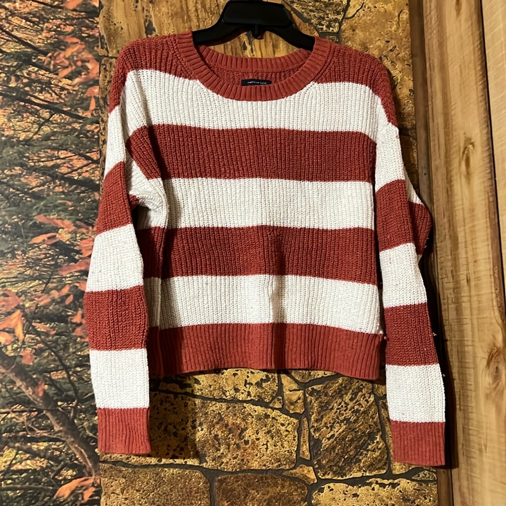 American Eagle medium cropped burnt orange & cream striped sweater.